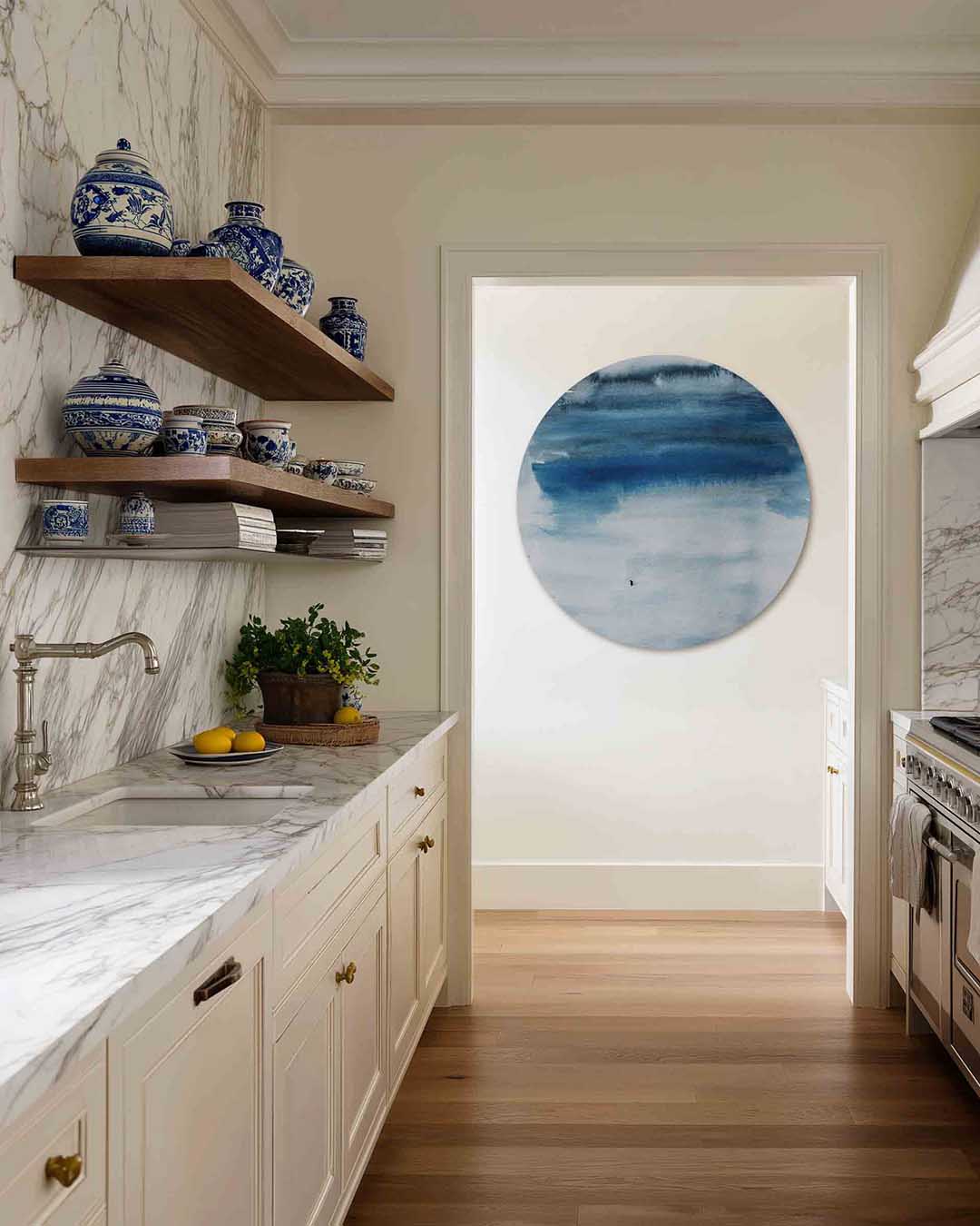 Blauwe aquarel – moderne abstracte muurcirkel voor aan de muur