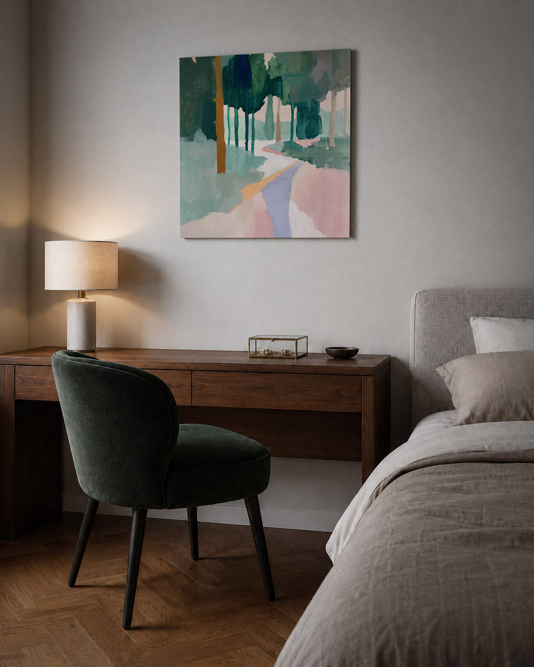 Boslandschap in kleurvlakken kunstwerk – sfeerbeeld – dit werk toont een boslandschap met vloeiende kleurvlakken en zachte