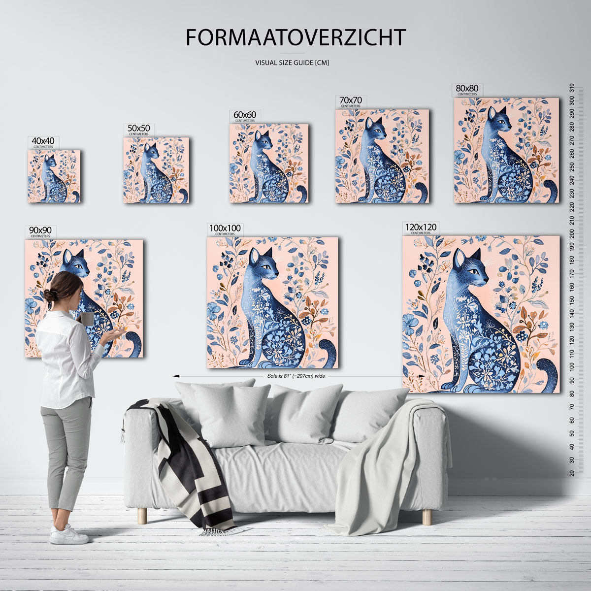 Blauwe kat met bloemen – vierkante muurposter met dierenthema