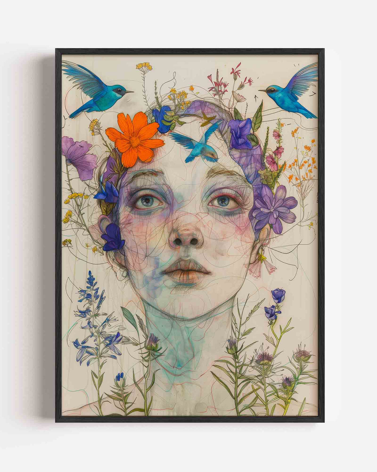 Vrouw met bloemen en vogels – hedendaagse illustratie portret poster als wanddecoratie