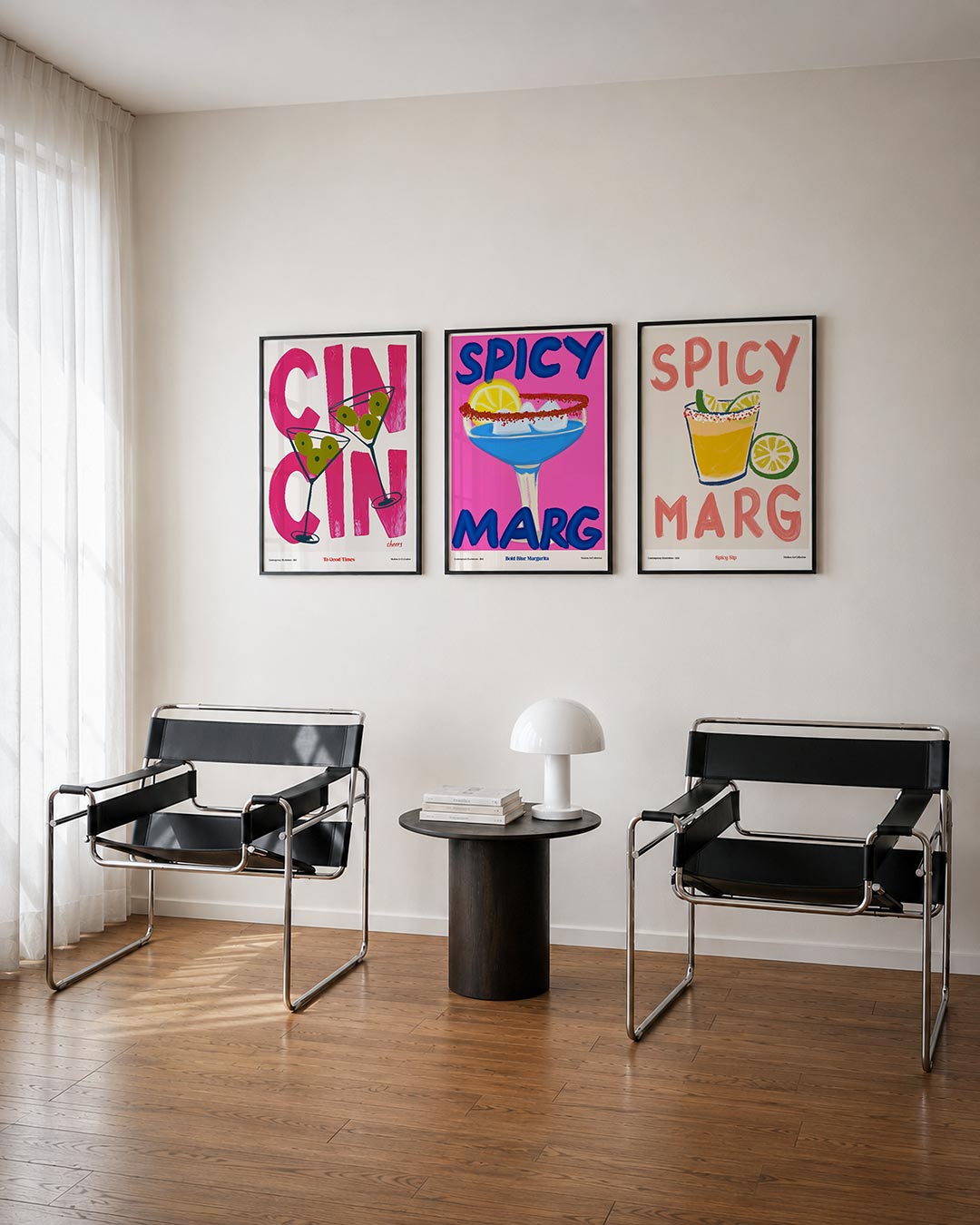 Kleurrijke cheers driedelige posterset – deze posterset in drie delen toont speelse martiniglazen