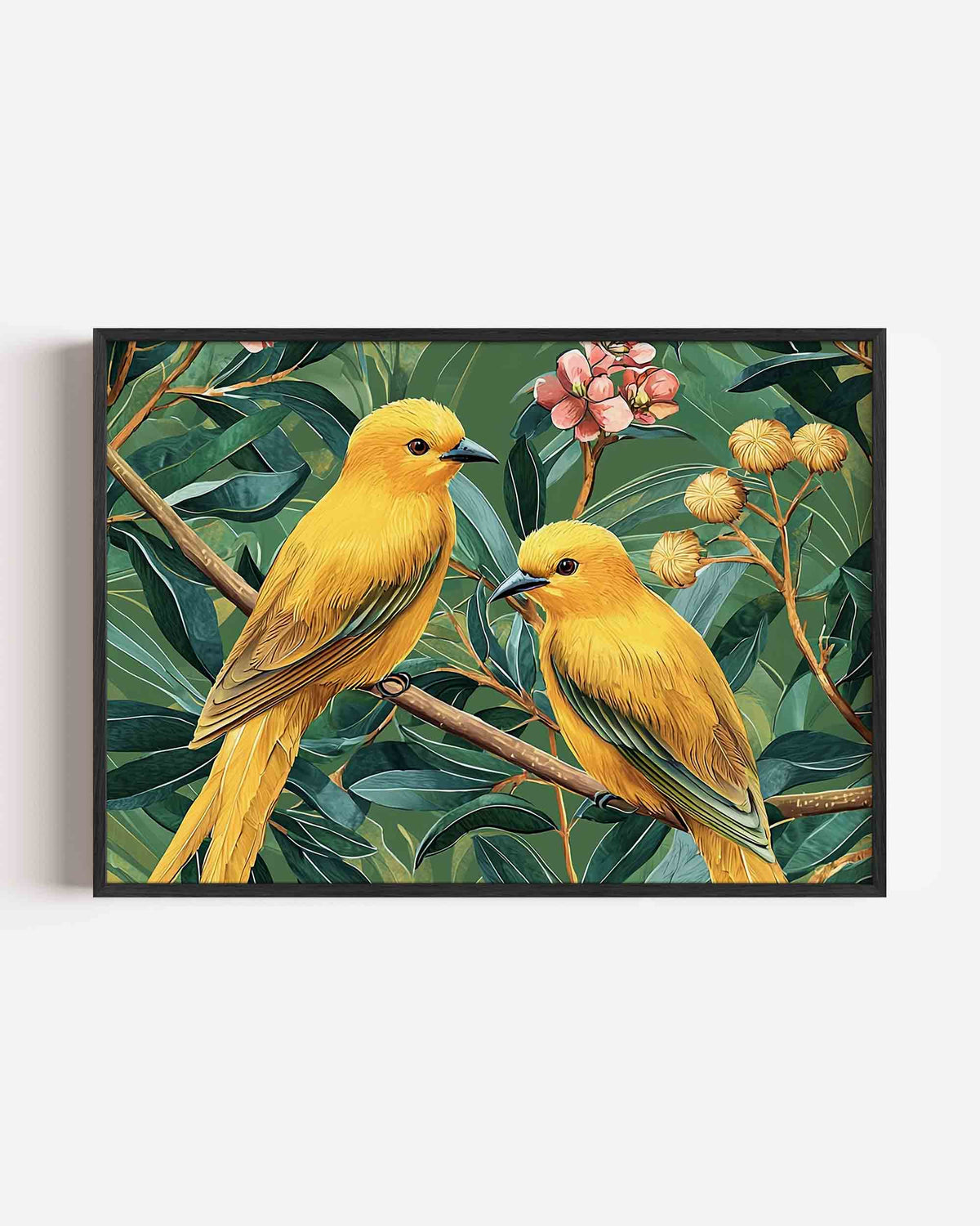 Gele vogels en bladeren – dieren landscape poster als wanddecoratie