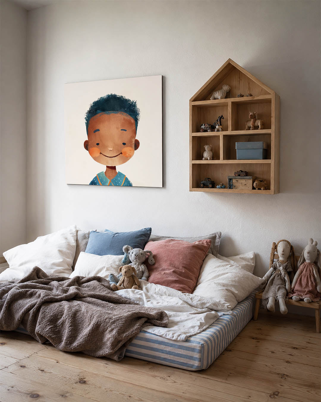 Vrolijk portret kind kunstwerk – derde productweergave – dit kunstwerk toont een vrolijk kind met een brede glimlach. De