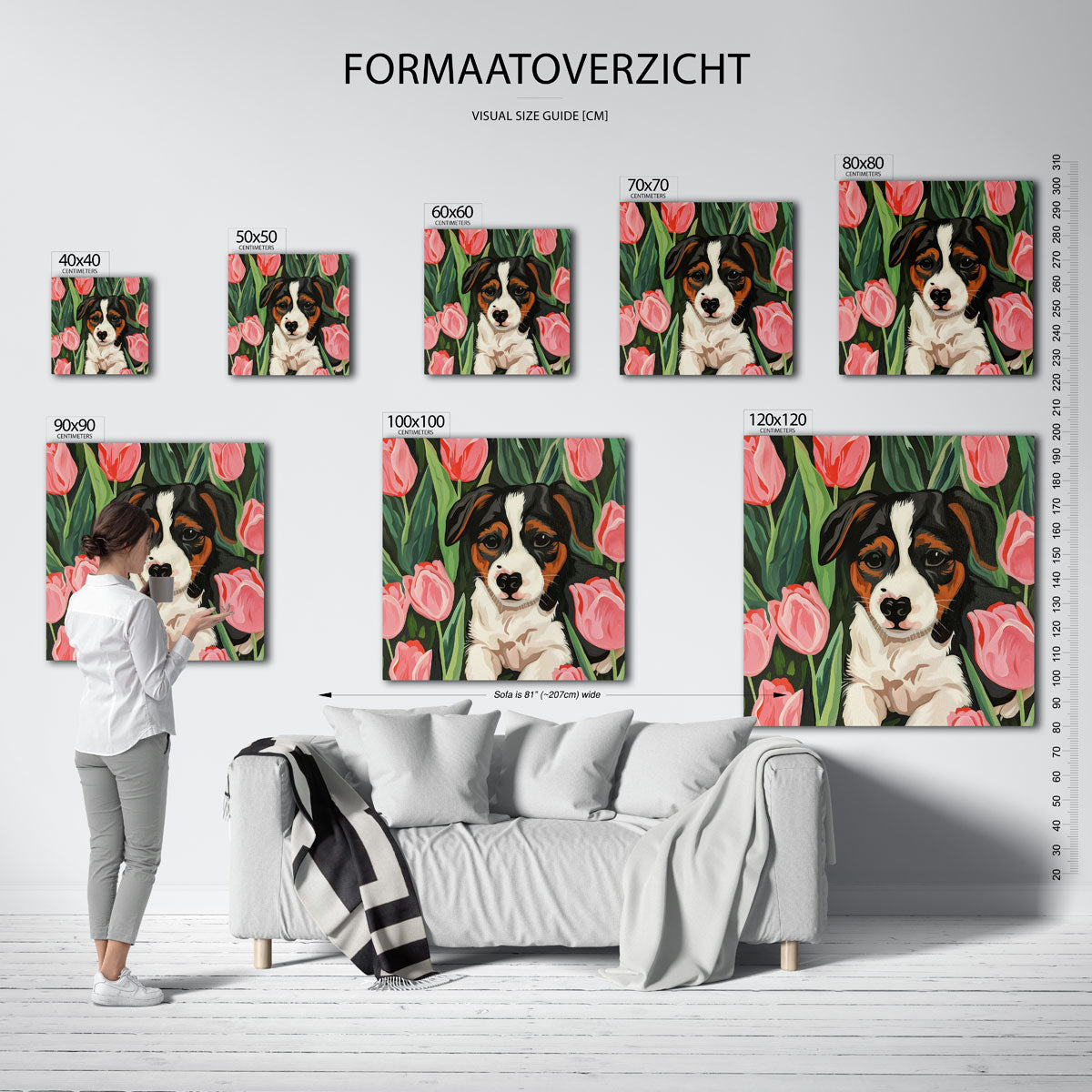 Hond tussen tulpen – vierkante muurposter voor de kinderkamer