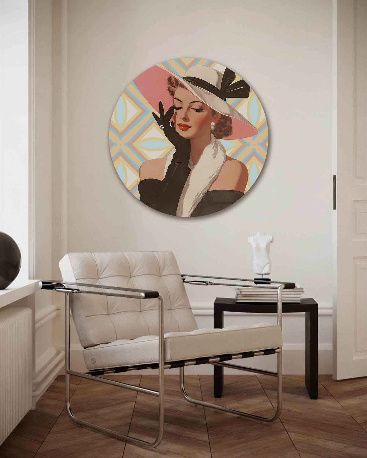 Vrouw met hoed – Pop Art muurcirkel als ronde wanddecoratie