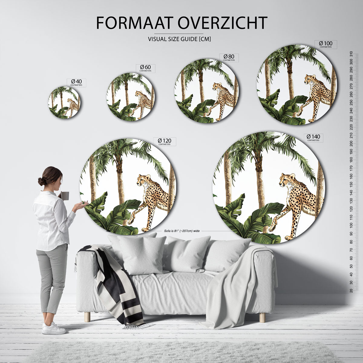 Luipaard tussen palmbomen – ronde muurcirkel met kleurrijke illustratie