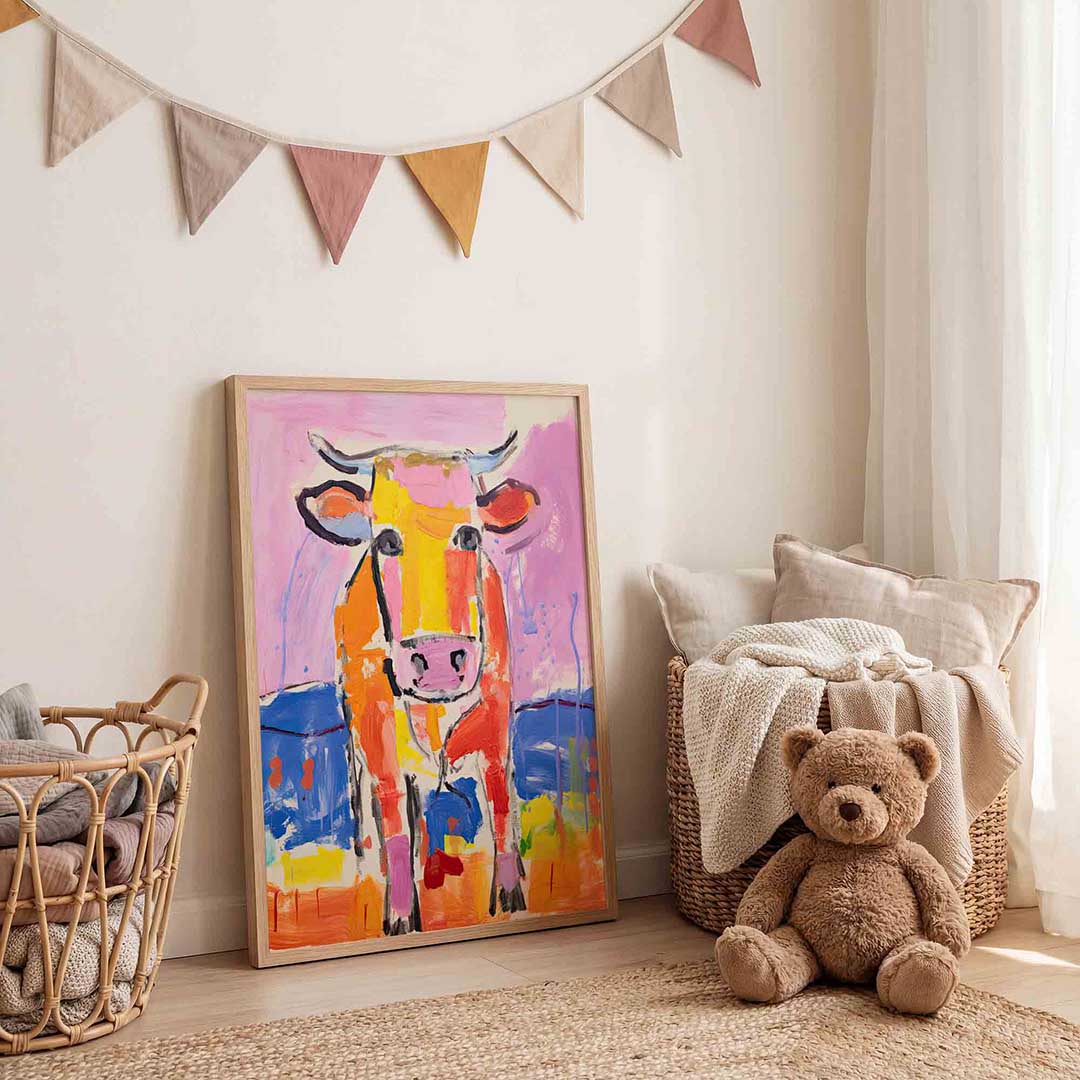Kleurrijke koe – speelse wandkunst als portret kinderposter