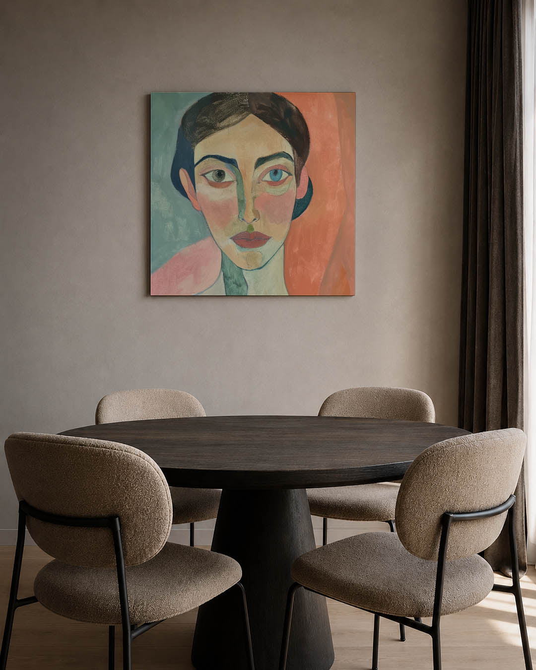 Portretstudie kunstwerk – tweede productweergave – dit werk toont een portret met gedurfde kleuren en lijnen. De