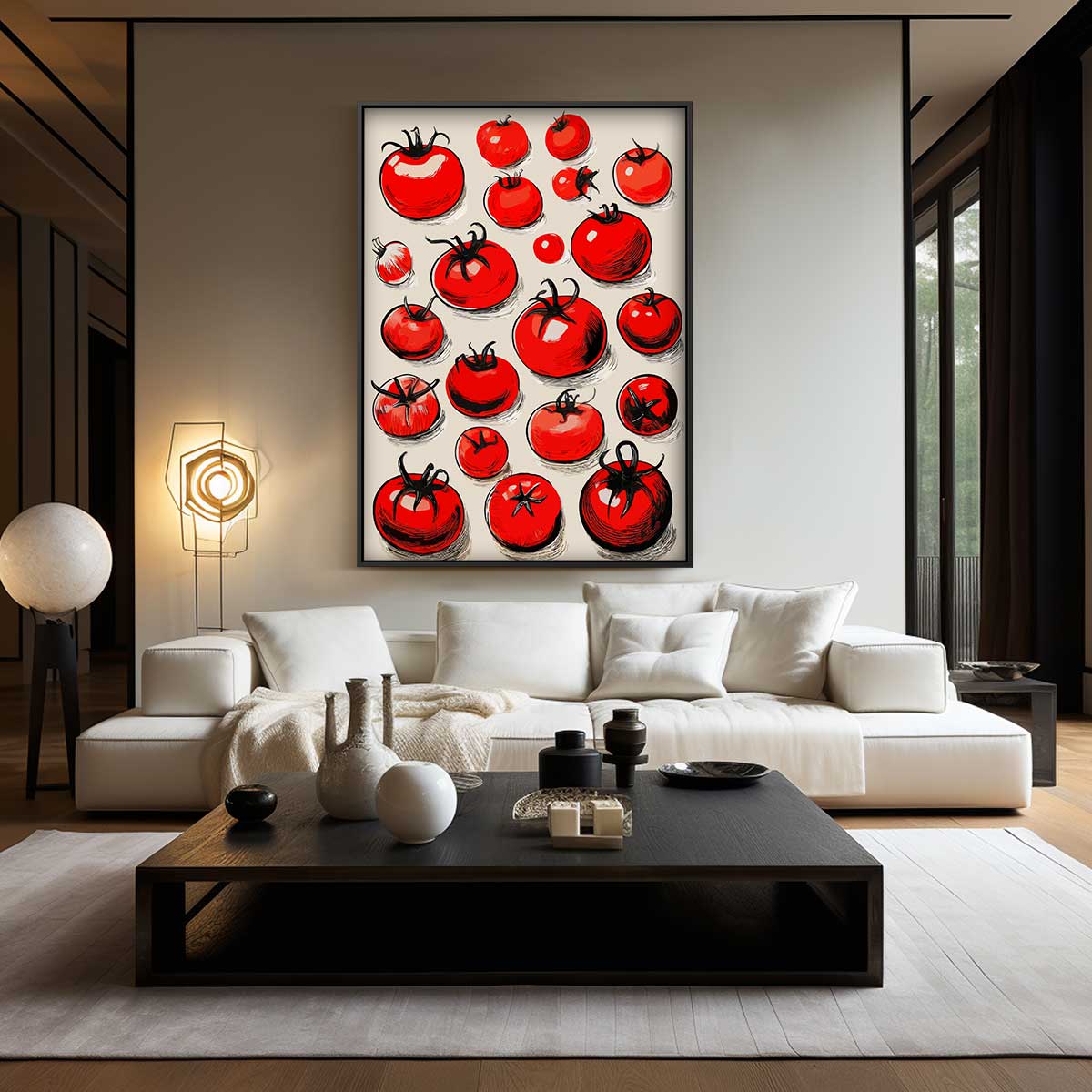 Speelse Tomatenprint – kunstwerk met zwarte baklijst