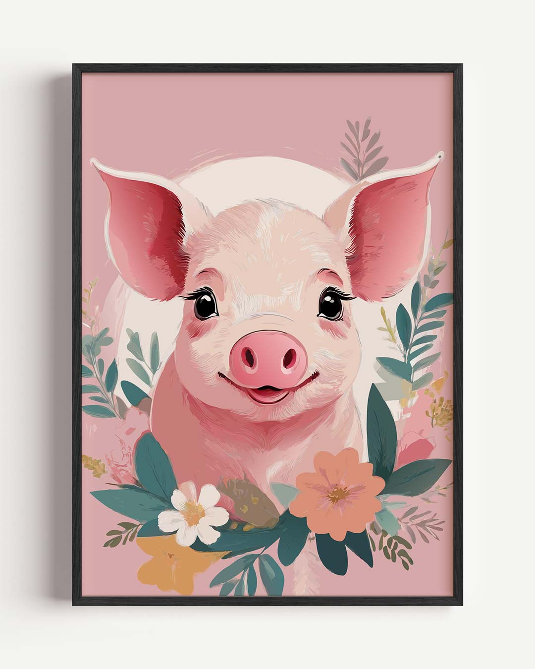 Schattige Varkensposter met Bloemen – kids portret poster als wanddecoratie
