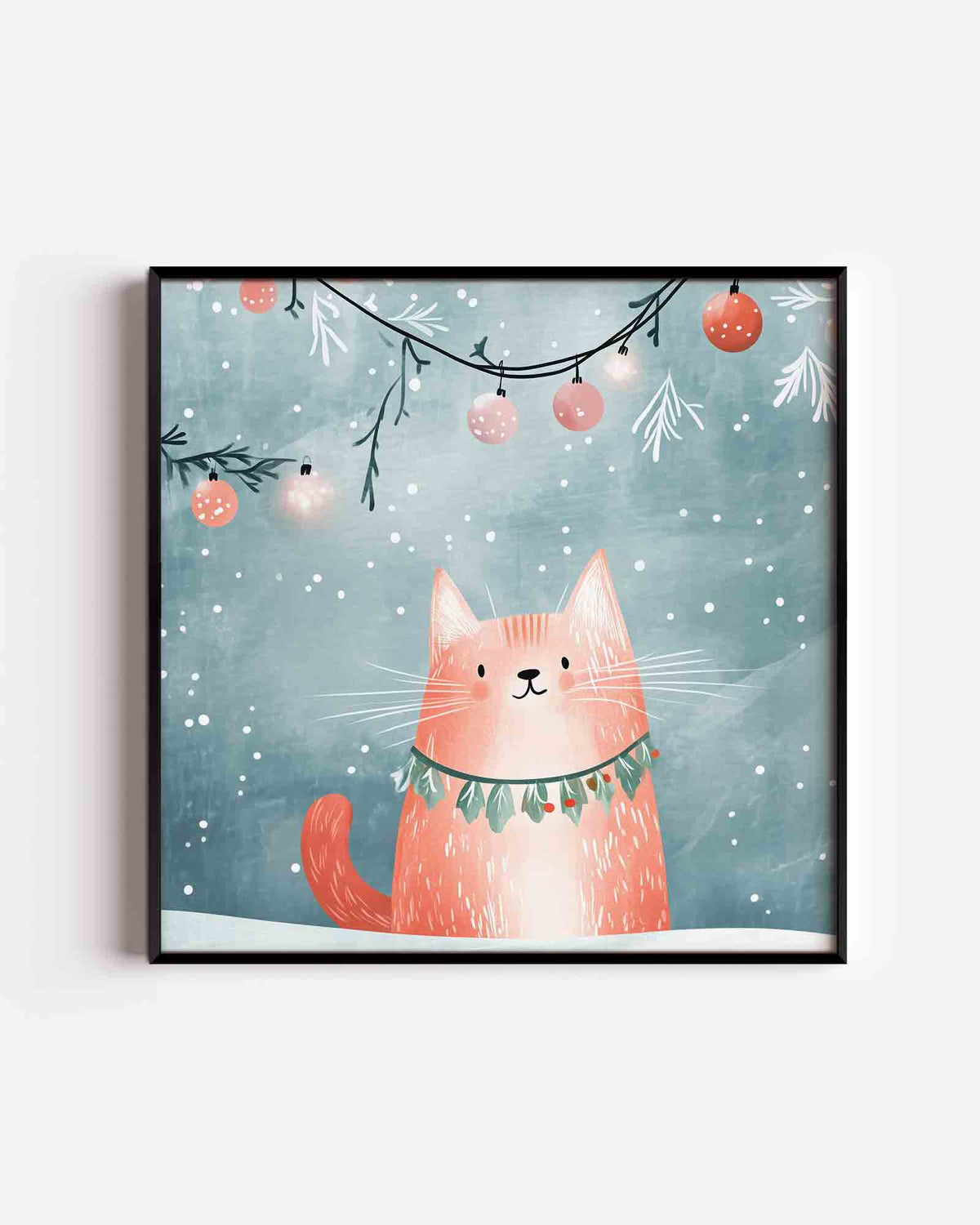 Kat met kerstversiering – vierkante kinderposter als wanddecoratie