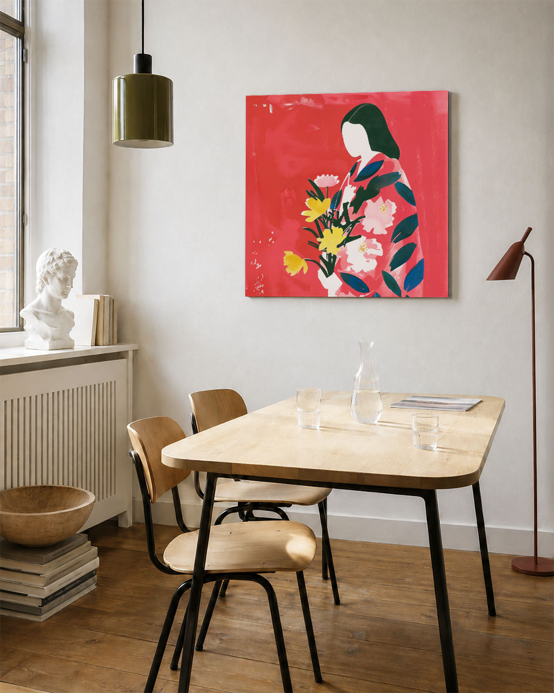 Vrouw met bloemen kunstwerk – vierkante wanddecoratie – dit werk toont een silhouet van een vrouw met bloemen tegen een