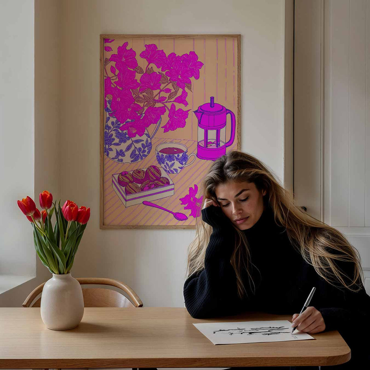 Roze Bloemen en Koffie Moment – keuken portret poster, afbeelding 7