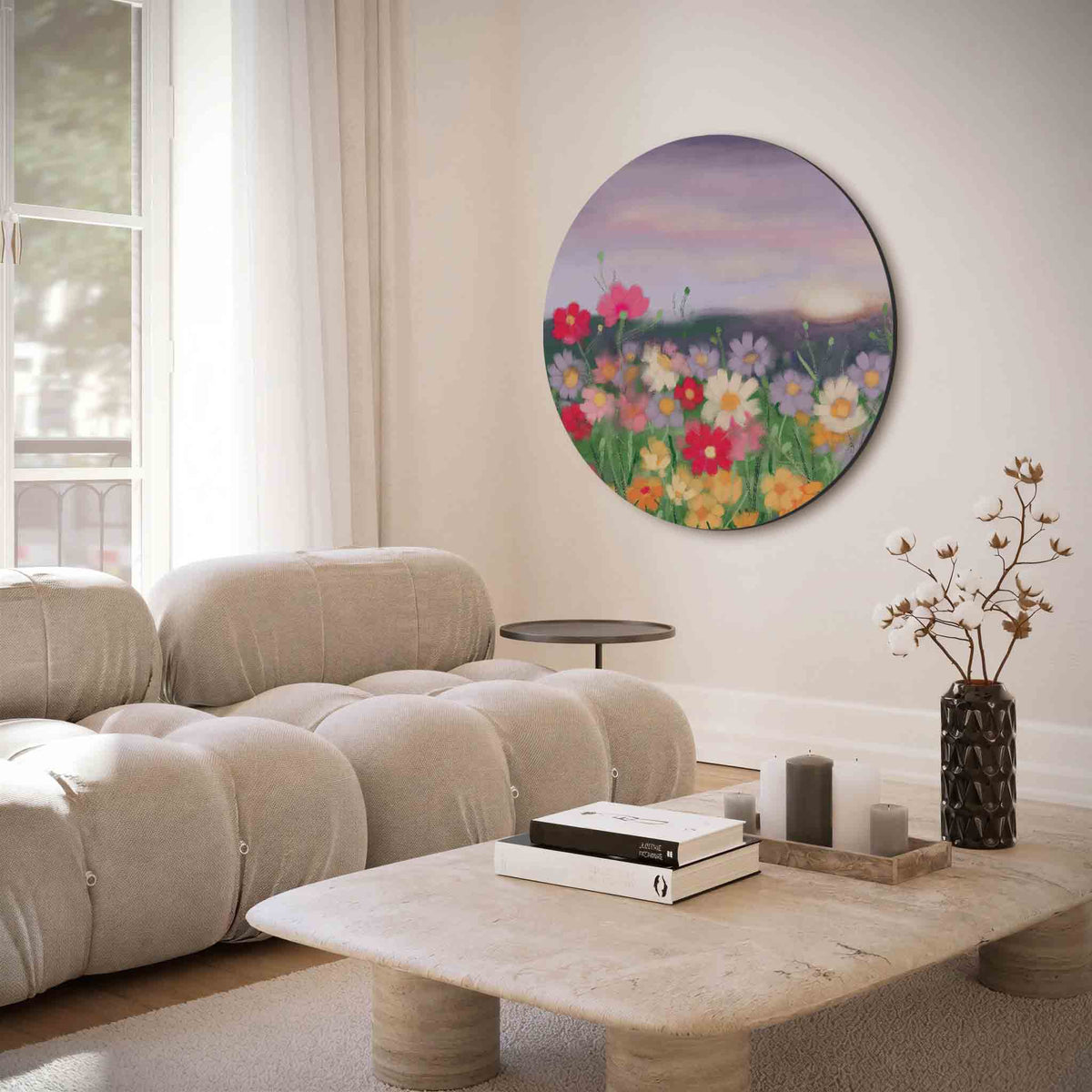 Bloemenveld – illustratie muurcirkel als ronde muurdecoratie