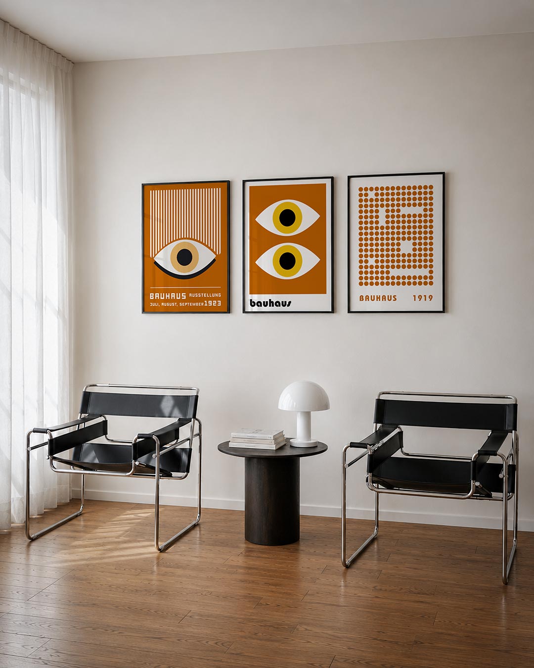 Lijnen en oog driedelige posterset – een opvallend oog met witte lijnen erboven op een warme oranje achtergrond. De