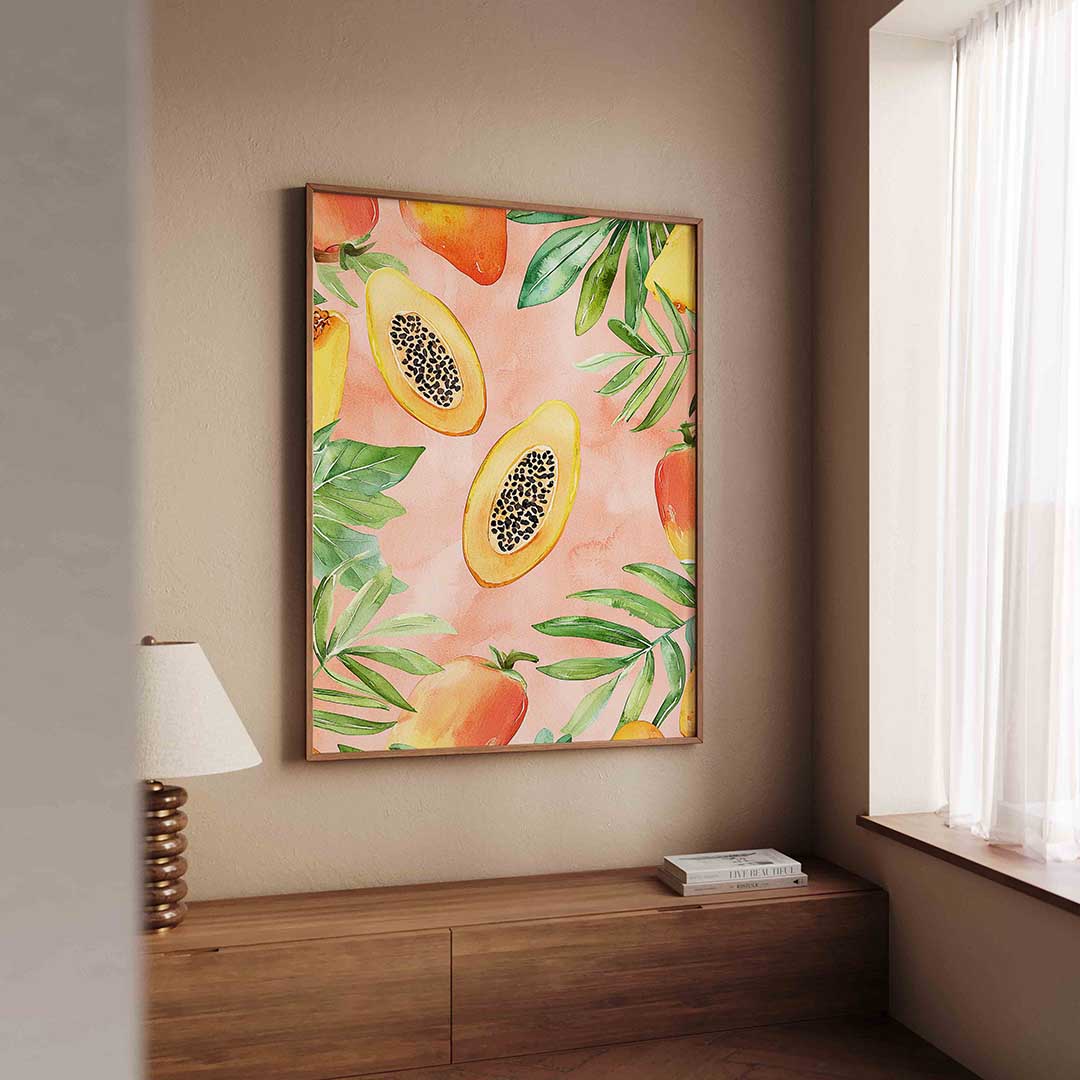 Papaja en bladeren – tropische wandkunst als portret poster
