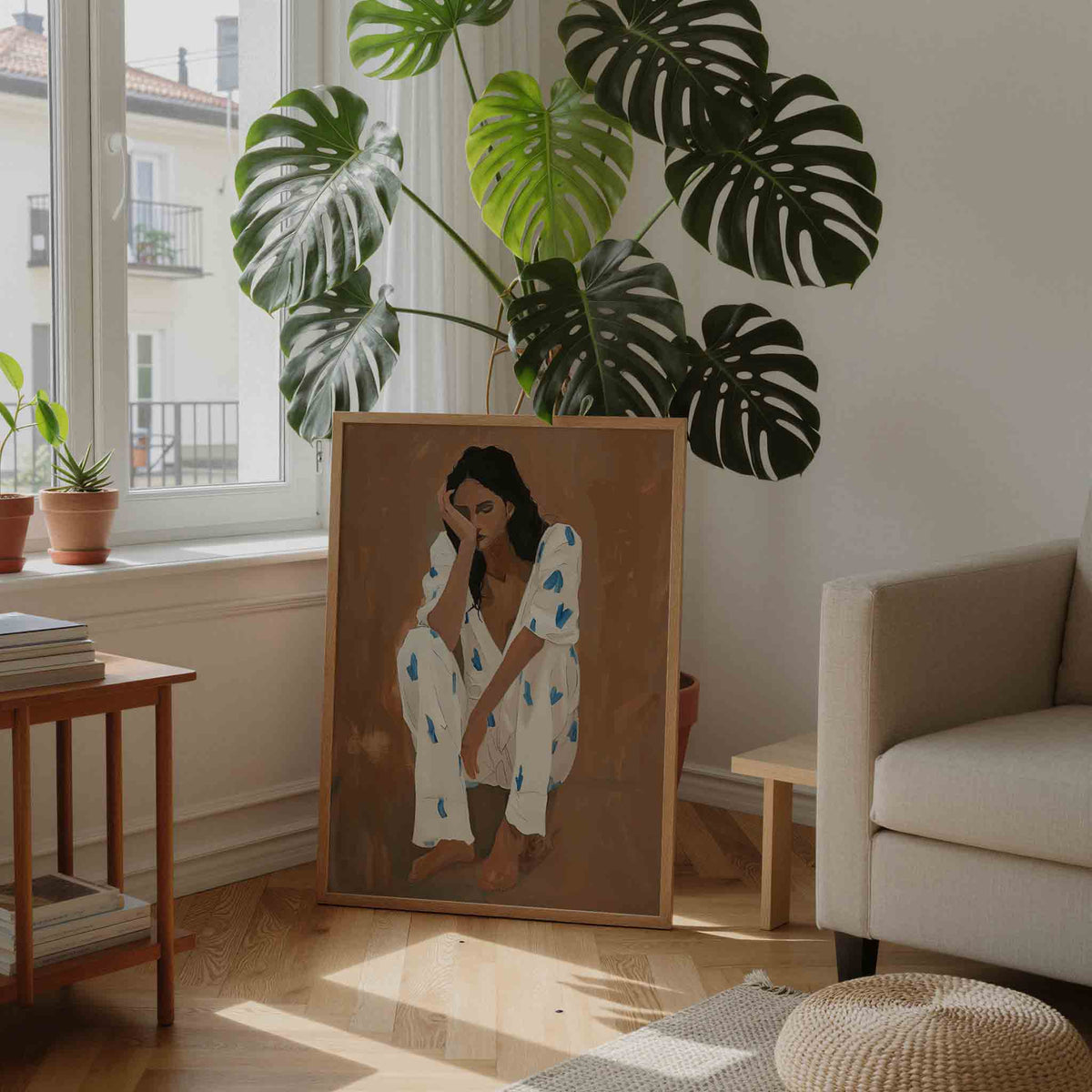 Zittende figuur met blauwe accenten – moderne illustratie als portret poster
