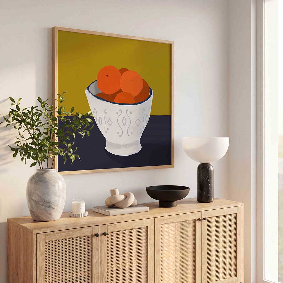 Schaal met sinaasappels – illustratie poster in vierkant formaat