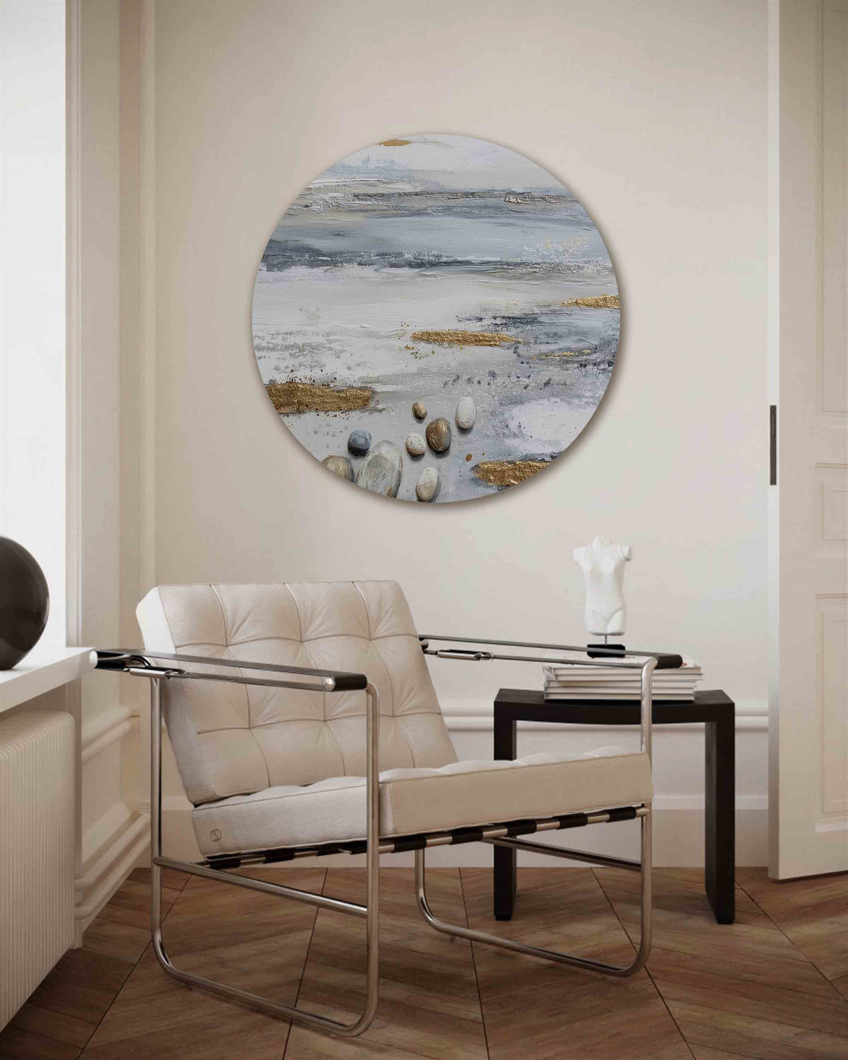 Stenen en goud – abstracte muurcirkel als ronde wanddecoratie