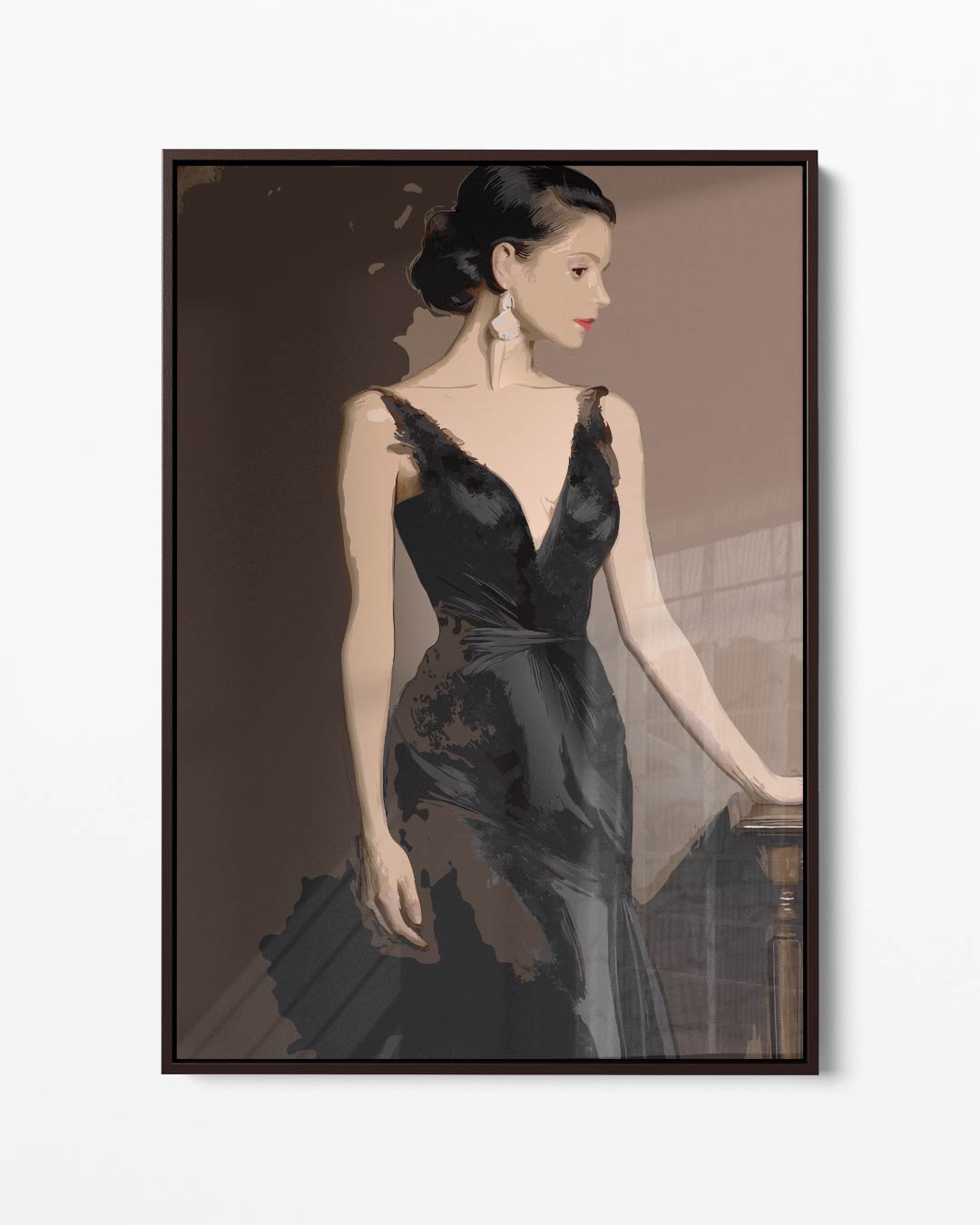 Elegante Dame in Zwarte Jurk – portret kunstwerk als wanddecoratie