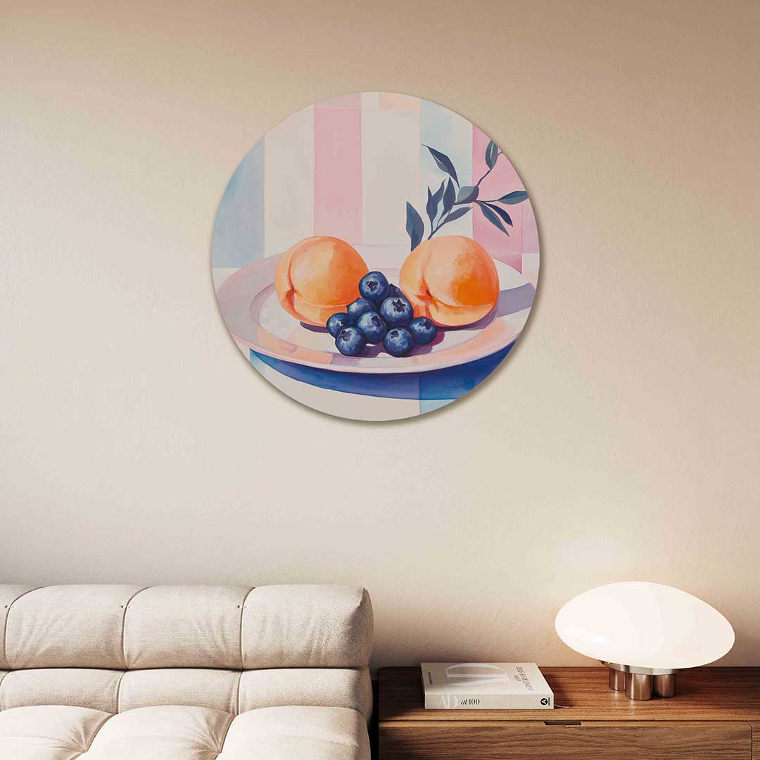 Perziken en bessen – moderne abstracte muurcirkel voor aan de muur
