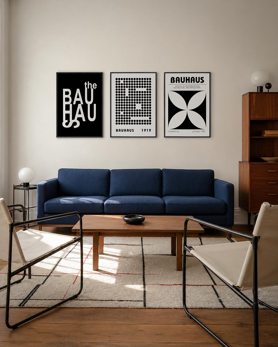 Typografisch spel driedelige posterset – witte letters dansen op een zwarte achtergrond, vormen een speelse compositie. De