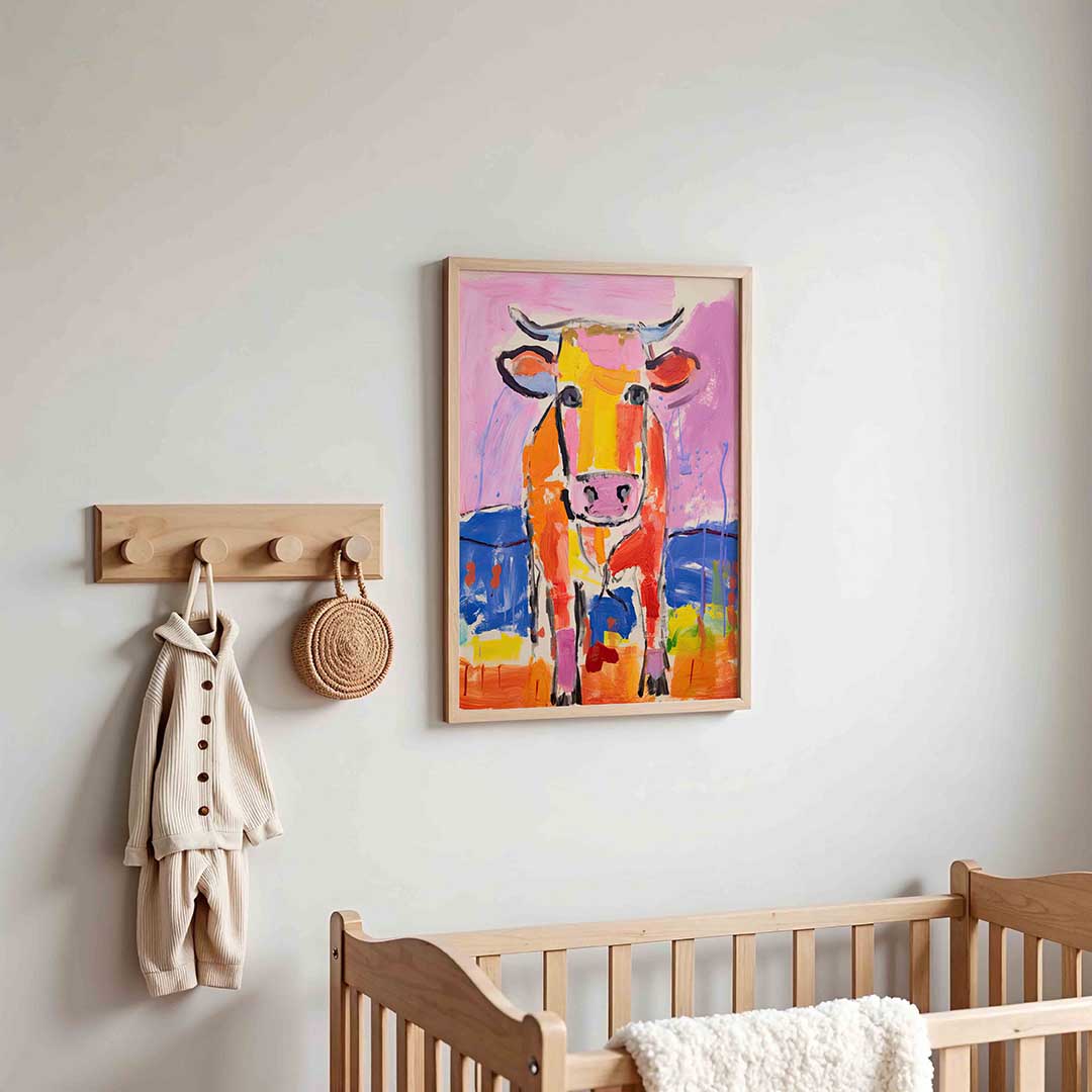 Kleurrijke koe – kinderposter in staand formaat