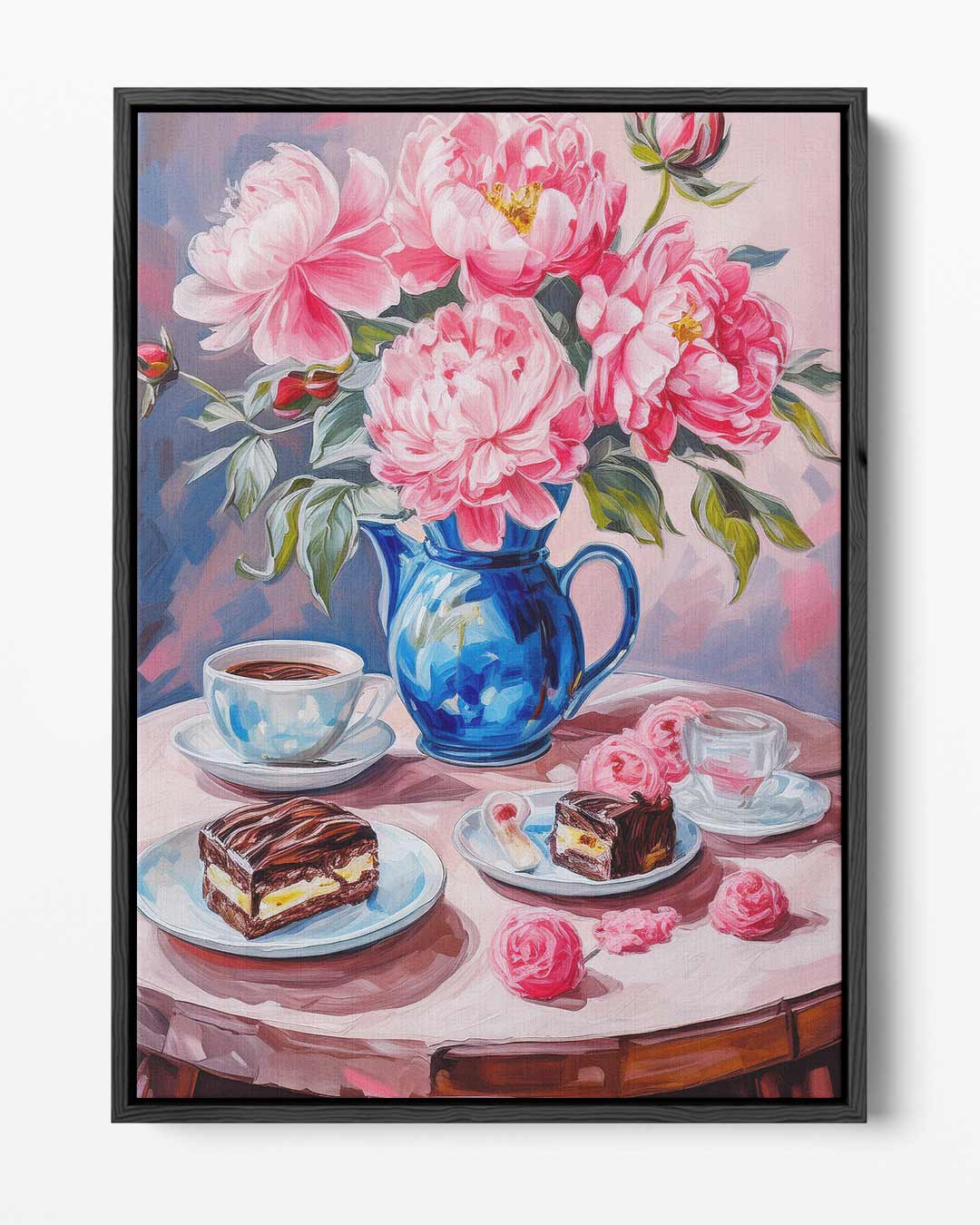 Bloemrijke koffie moment – portret kunstwerk als wanddecoratie