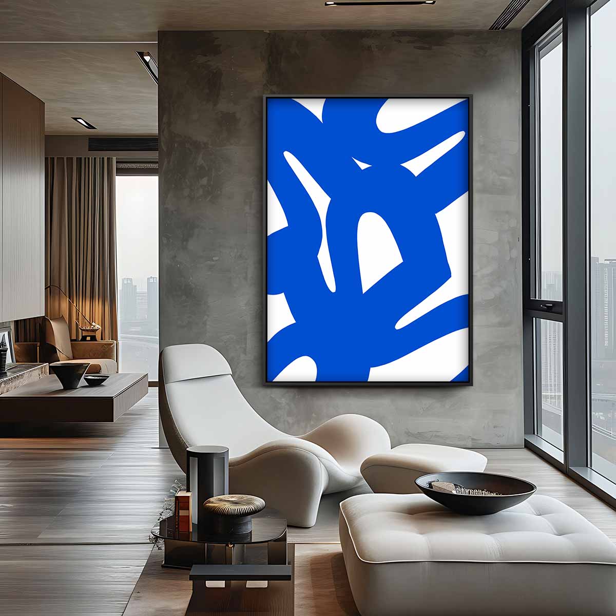 Dynamische Blauwe Krabbels – canvas wanddecoratie in portret formaat