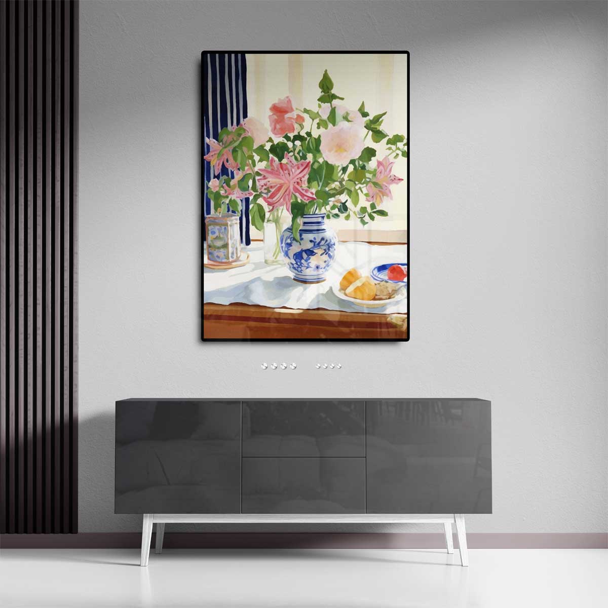 Zomers Bloemenboeket in Blauwe Vaas – staande wandkunst voor woonkamer of interieur
