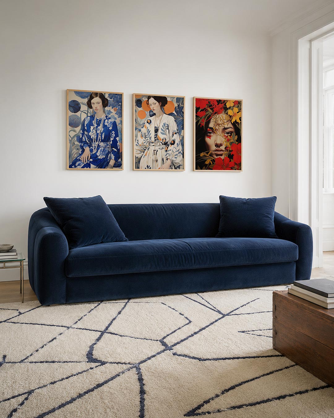 Blauwe bloemendroom driedelige posterset – een vrouw in een blauwe jurk met witte bloemen, omringd