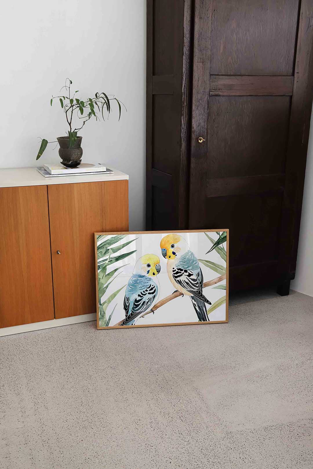 Parkieten op tak – dierenillustratie als landscape poster