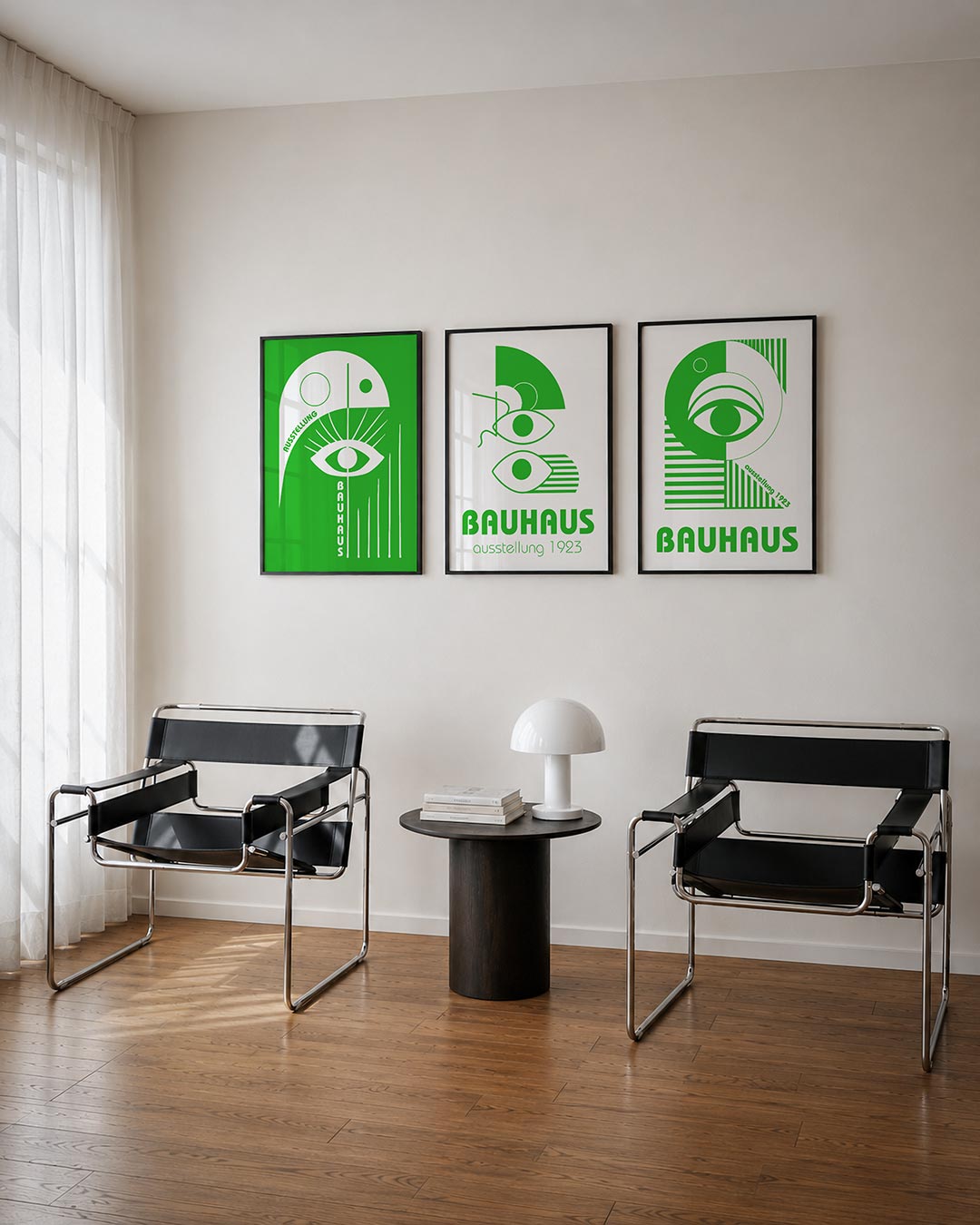 Oog en lijnen posterset – tweede productweergave – een groene achtergrond met een wit oog centraal. Strakke lijnen en cirkels