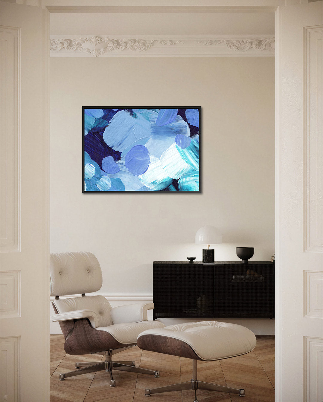 Dynamische blauwtinten – Speels – liggende wanddecoratie