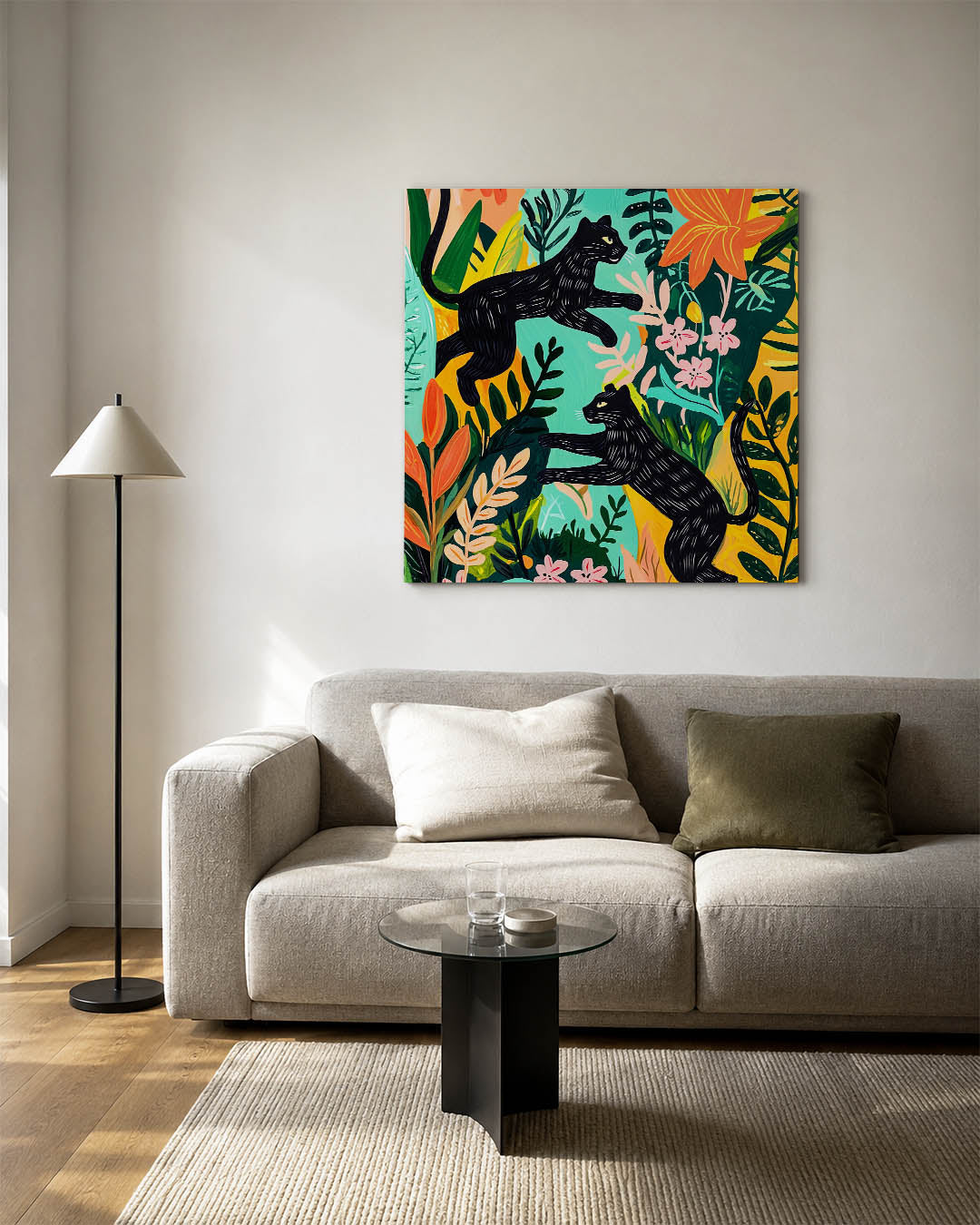 Speelse dieren in jungle kunstwerk – detailweergave – dit kunstwerk toont twee zwarte katten in een levendige jungle vol