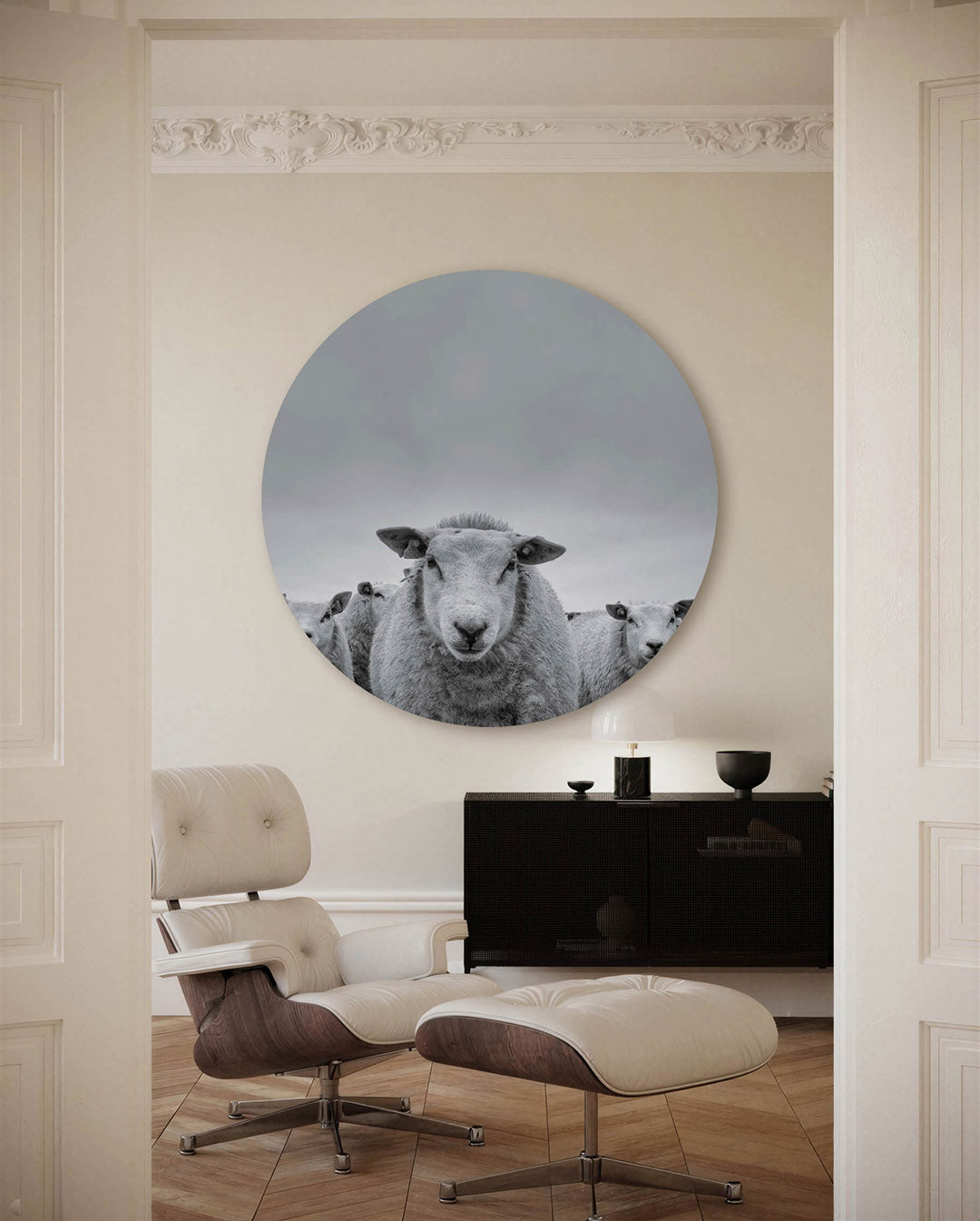Schapen in zwart wit – fotografische muurcirkel voor aan de muur