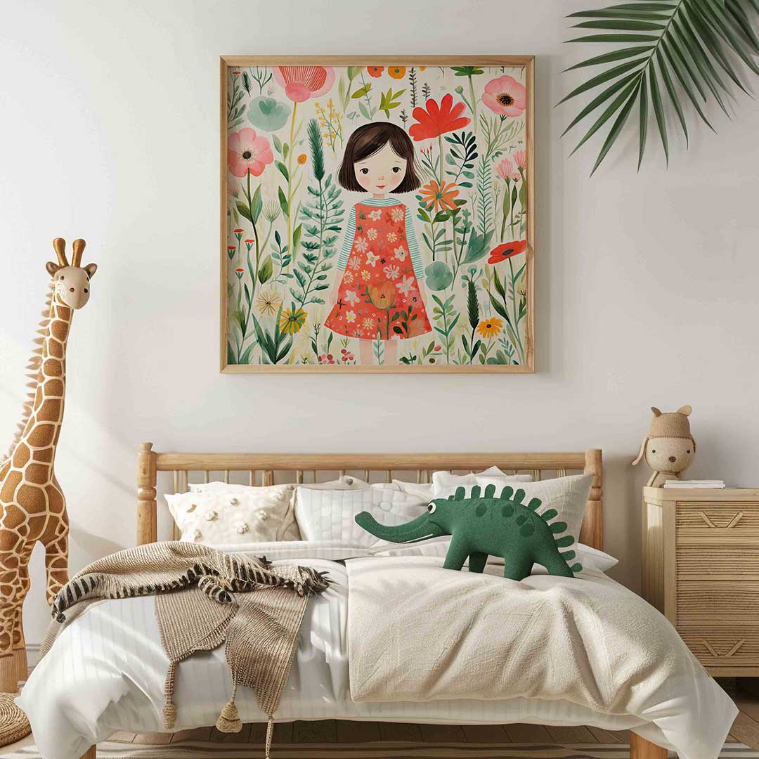 Meisje tussen bloemen – vierkante kinderkamer wanddecoratie van WallArtistic
