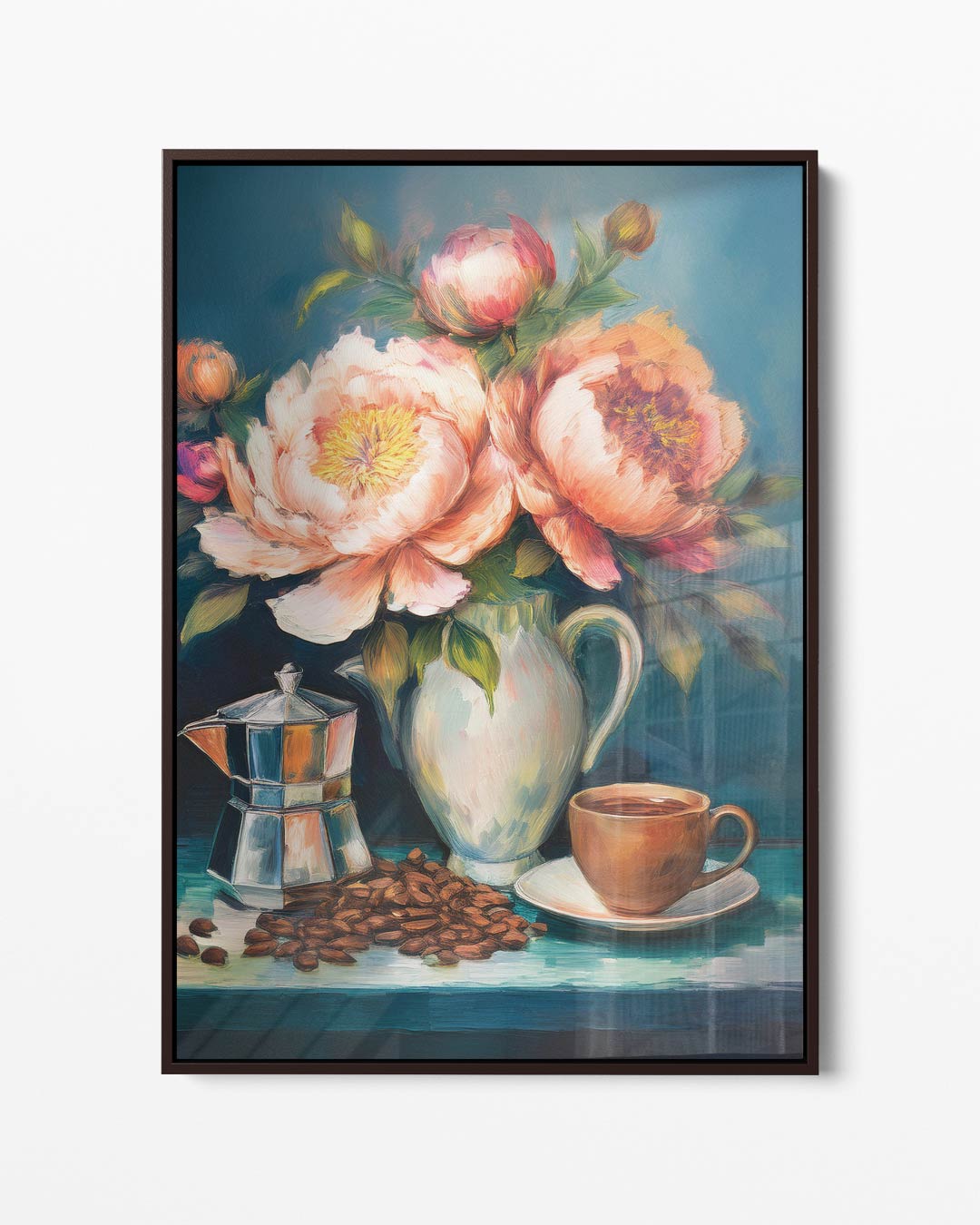 Bloemen en koffie – portret kunstwerk als wanddecoratie
