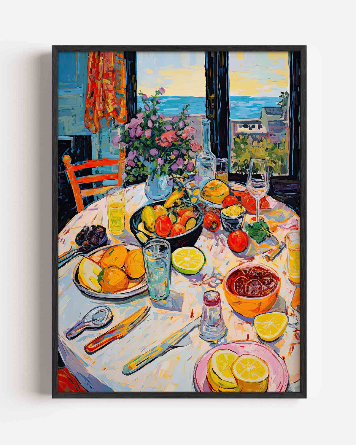 Fruit en bloemen tafel – kleurrijke illustratie portret poster als wanddecoratie