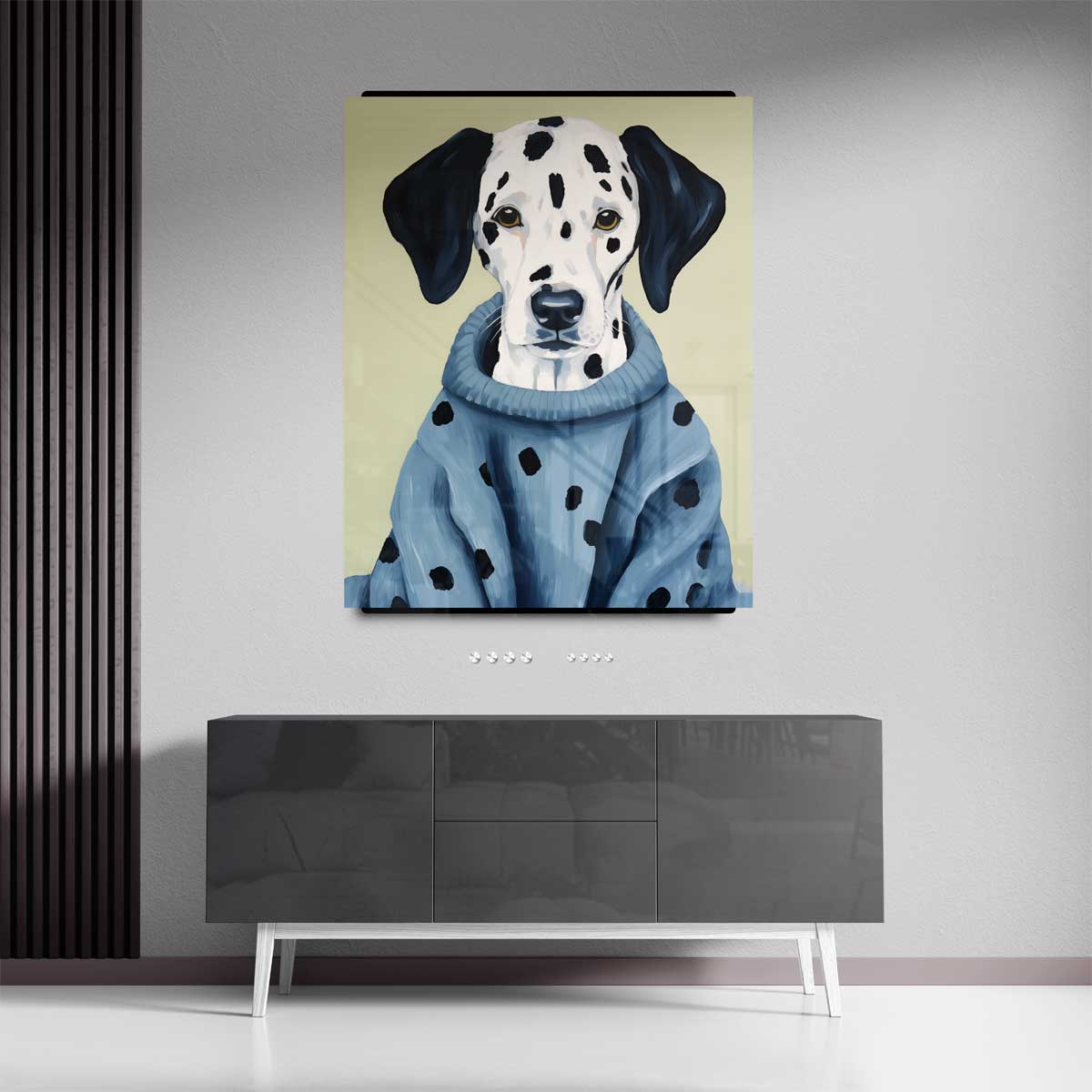 Stijlvolle Dalmatiër in Blauwe Trui – portret wandkunst van WallArtistic