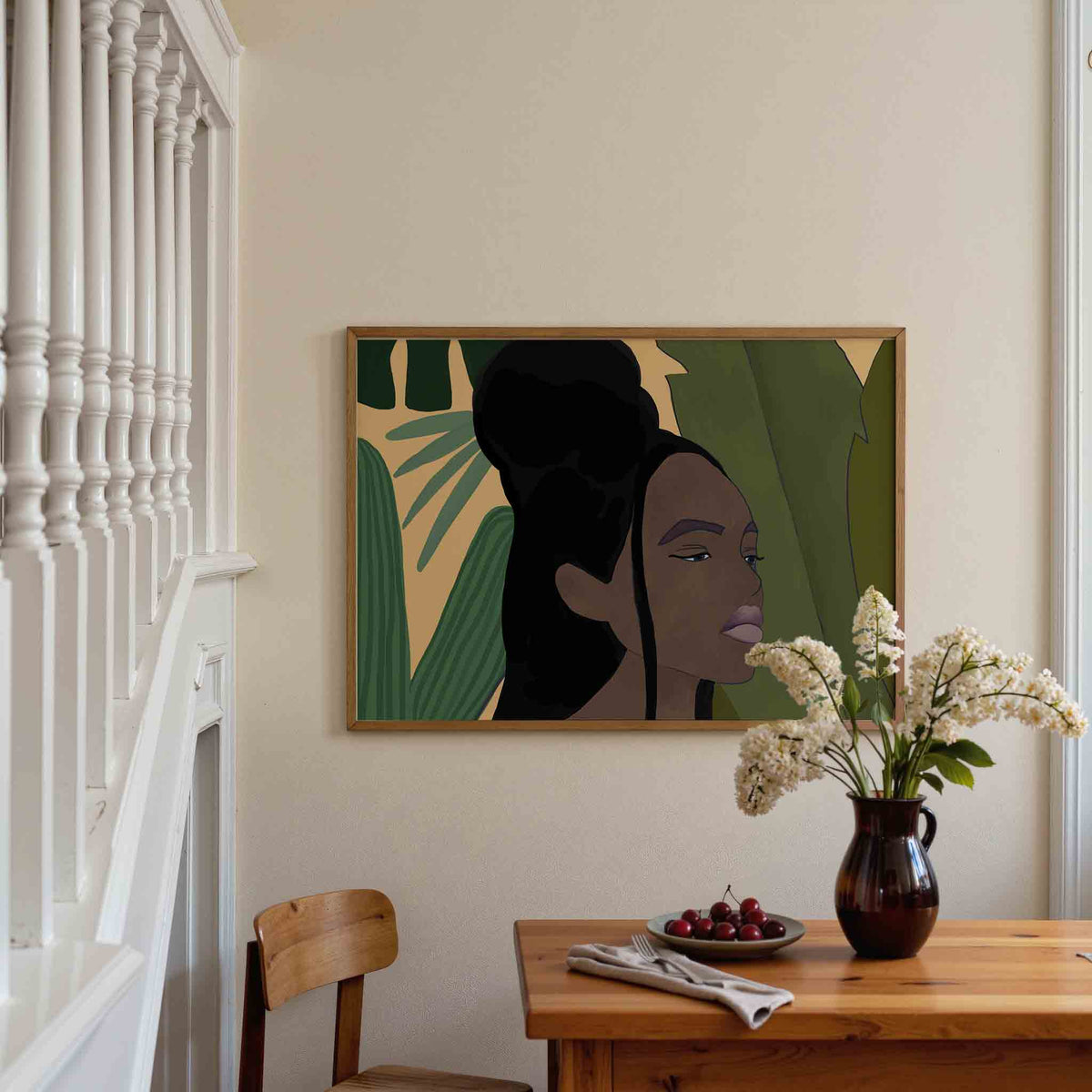 Vrouw met groene bladeren – liggende illustratie poster als wanddecoratie