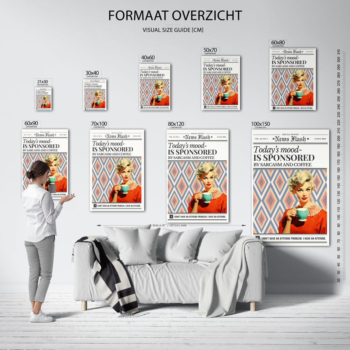 Vrouw met koffie en patroon – staande muurposter in Pop Art stijl