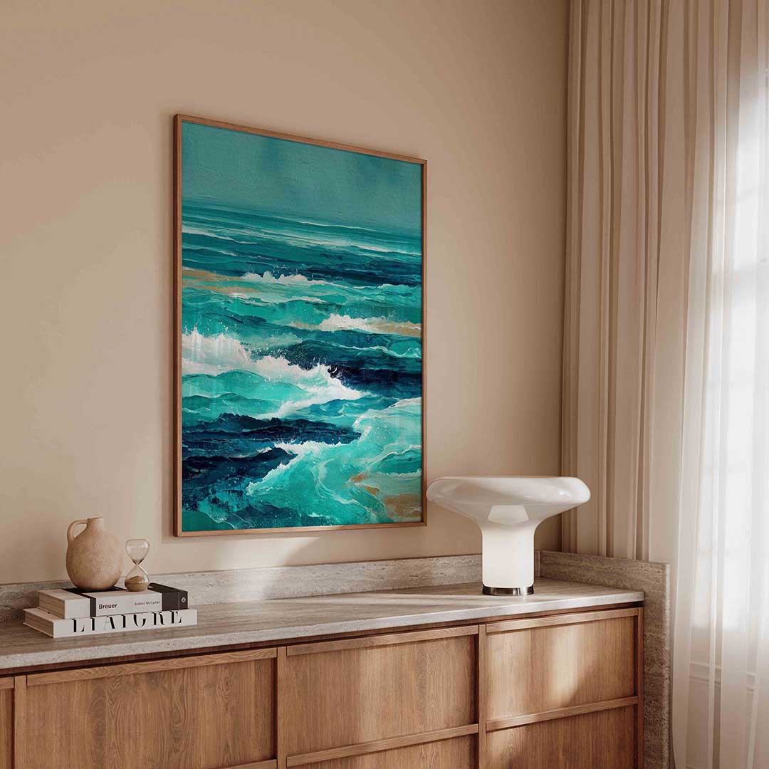 Golven in blauw – abstracte poster in staand formaat