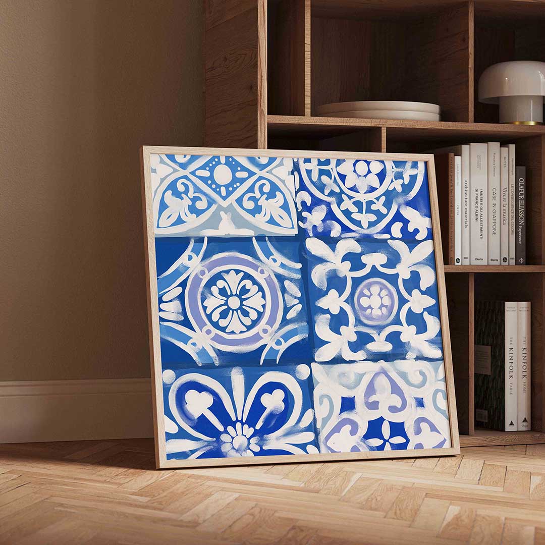 Blauwe tegelpatronen – geïllustreerde wandkunst als vierkante poster