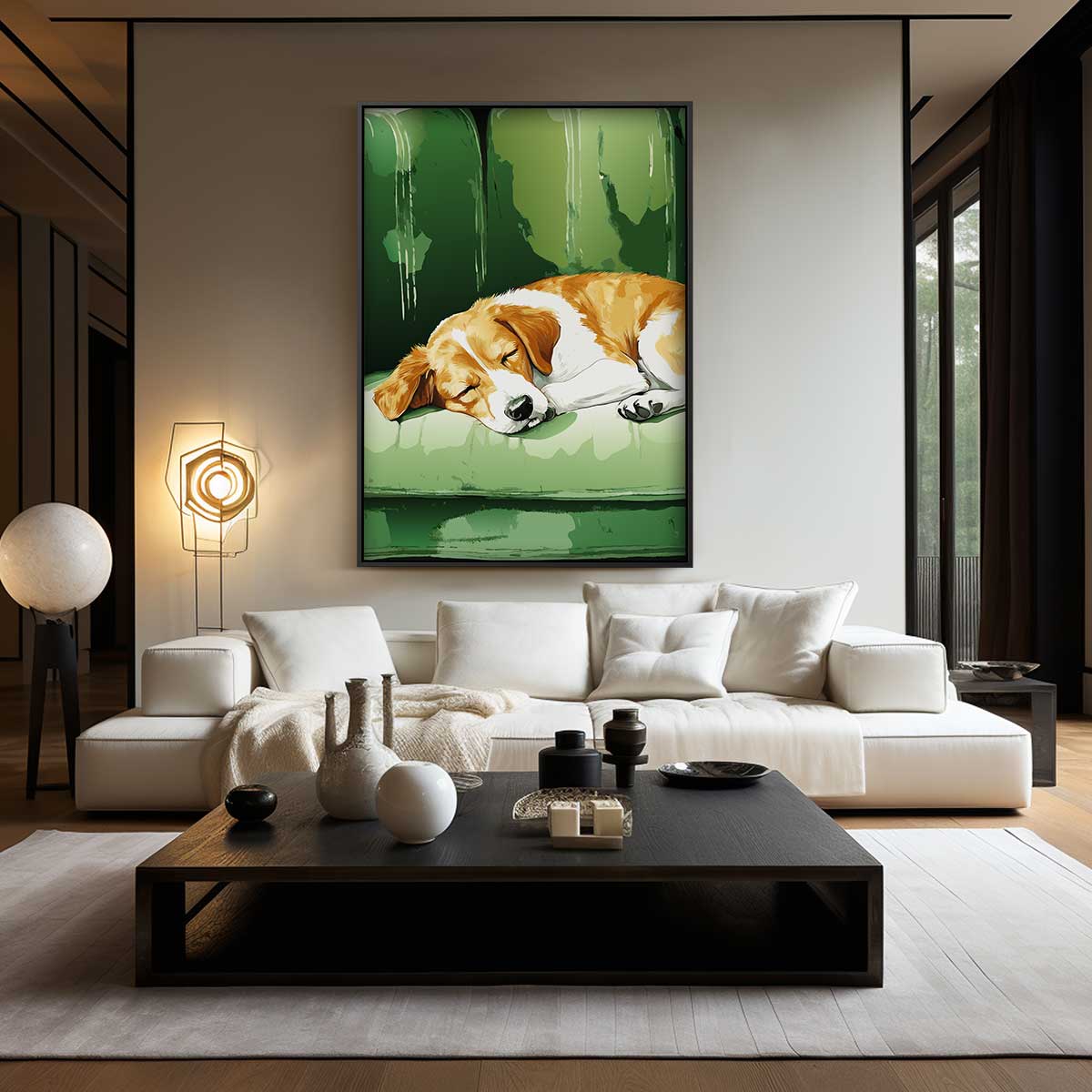 Slapende Beagle op Groene Bank – plexiglas wanddecoratie in portret formaat