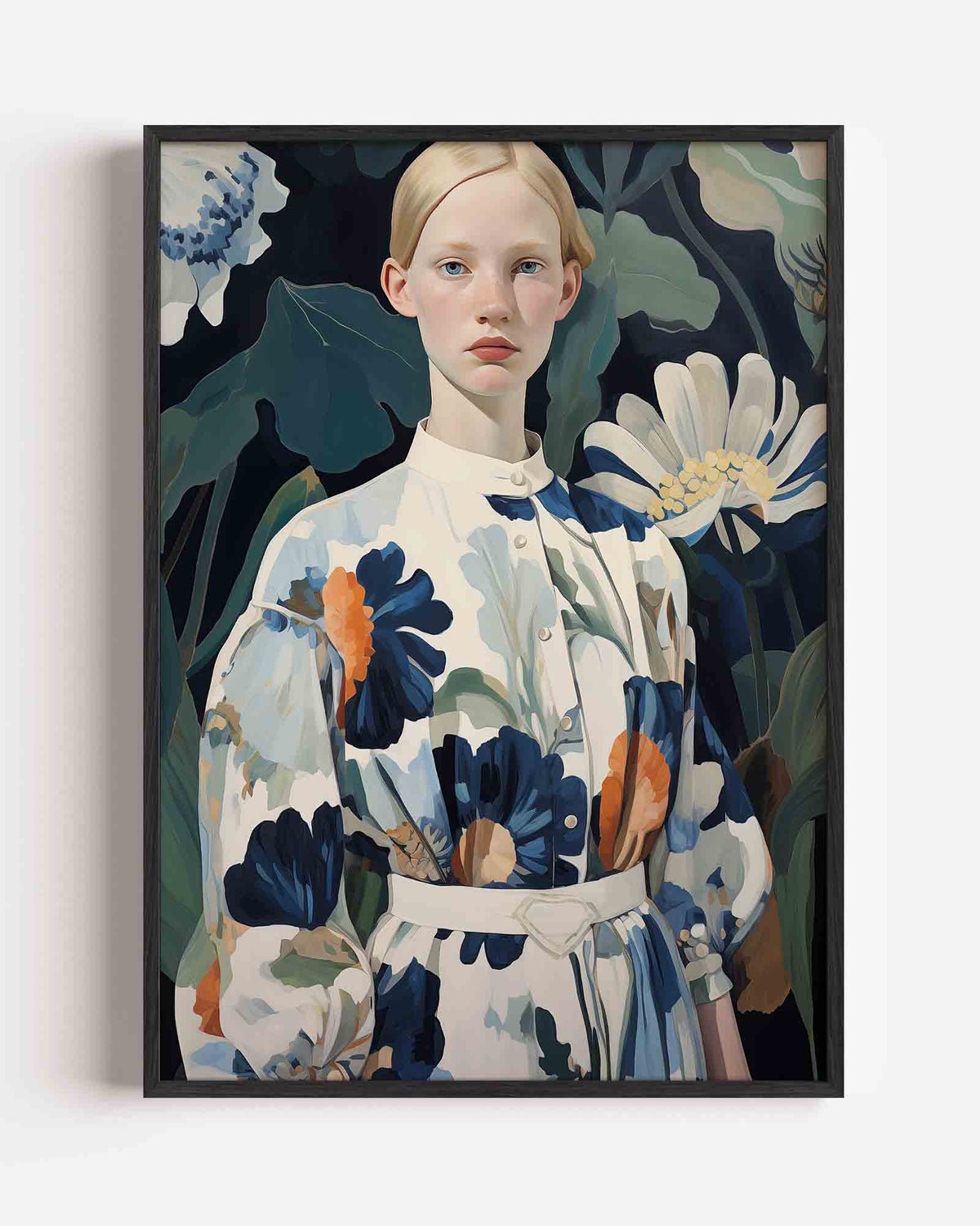 Vrouw met bloemenjurk – botanische portret poster als wanddecoratie