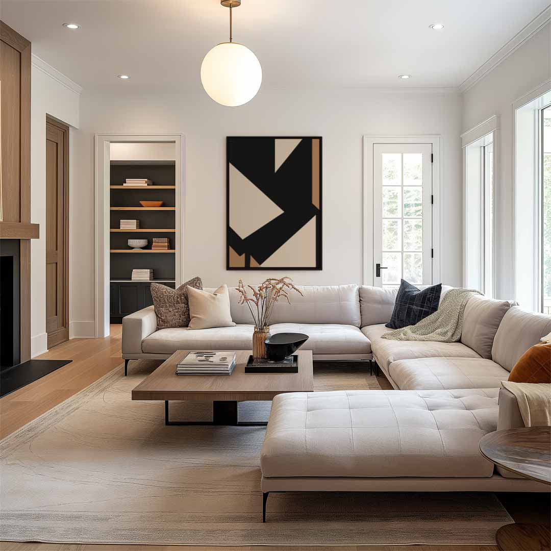 Abstracte Geometrie in Bruin en Zwart – staand kunstwerk voor modern interieur