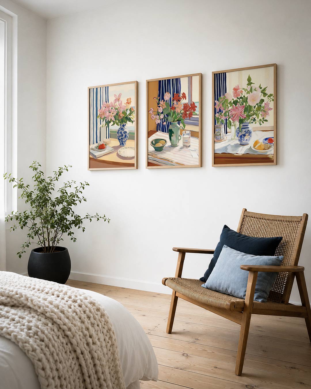 Bloemen en strepen posterset – derde productweergave – een vaas met roze bloemen op een tafel, naast een bord met