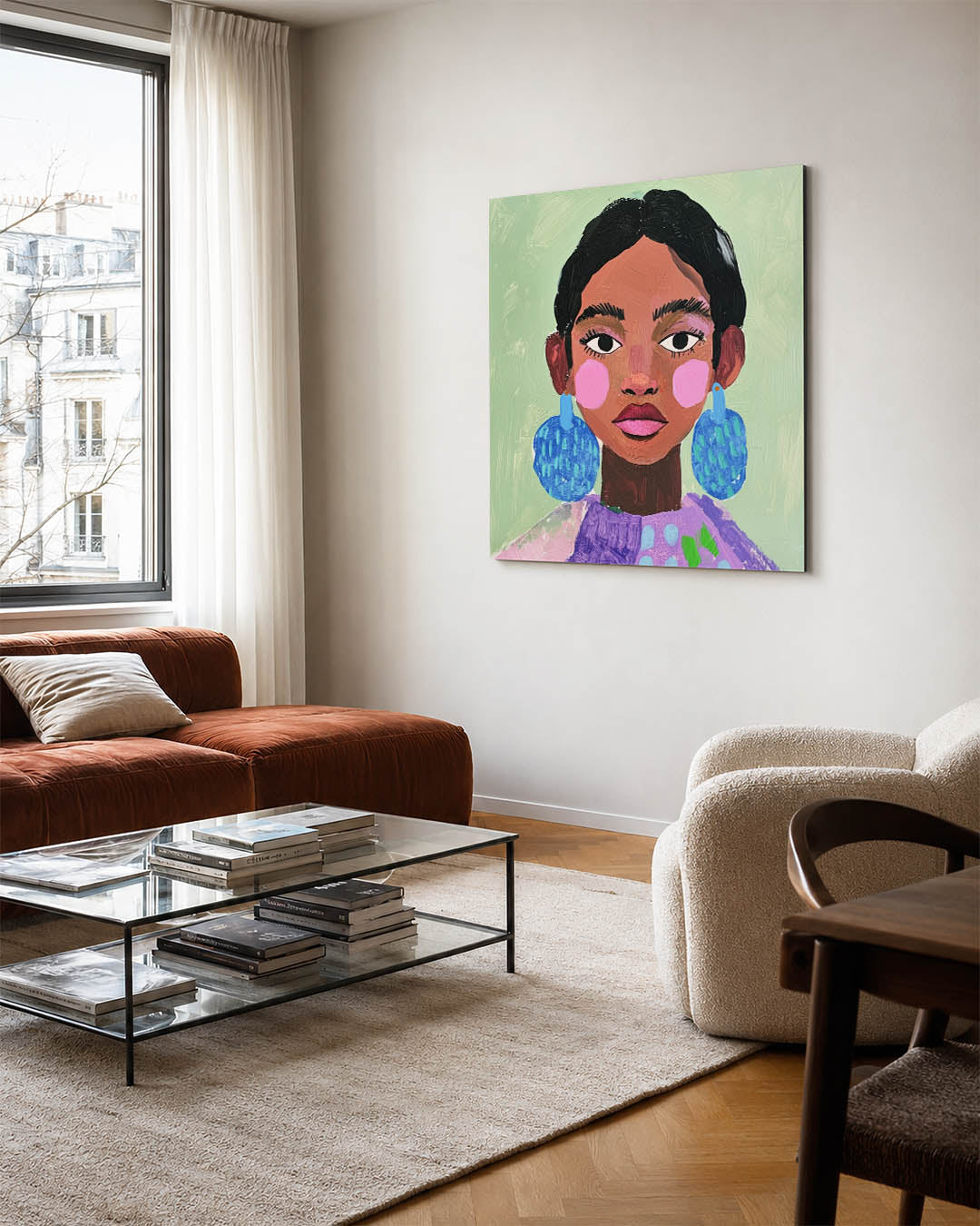 Abstracte kunstwerk – vierkante wanddecoratie – dit kunstwerk toont een portret met levendige kleuren en gedurfde