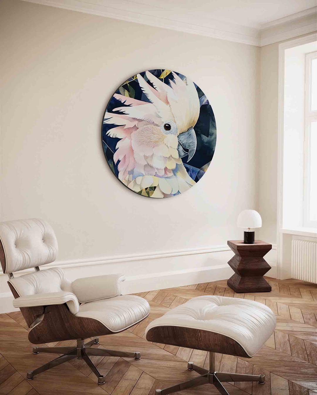 Papegaai met geometrische achtergrond – kleurrijke ronde wanddecoratie van WallArtistic